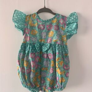 6/9 Month Vintage Floral Baby Romper with Polka Dot Sleeves